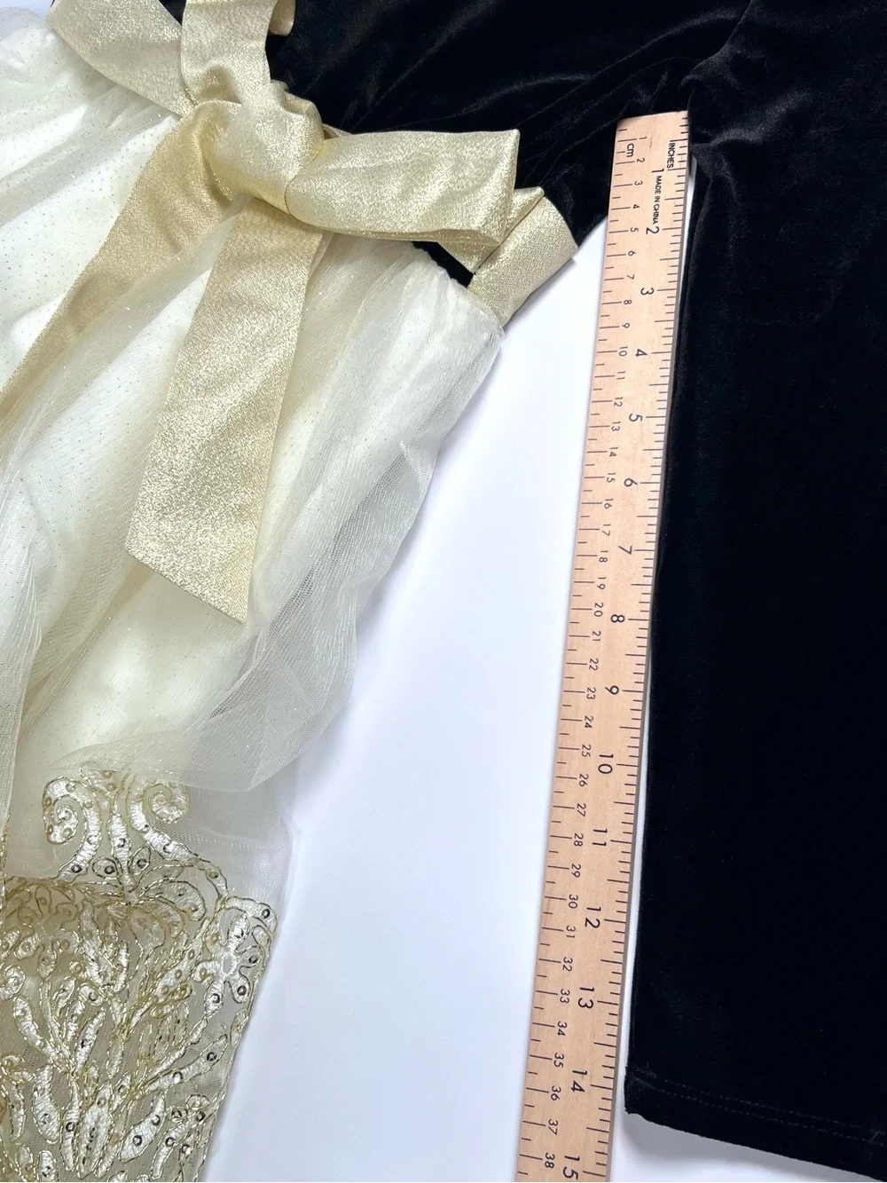 Rare Editions Black Velvet and Cream Tulle Dress Gold Bow and Embroidered Skirt